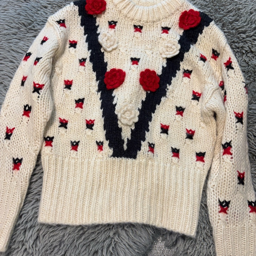 Zara New Without Tags Cream and Red Floral Knit Sweater